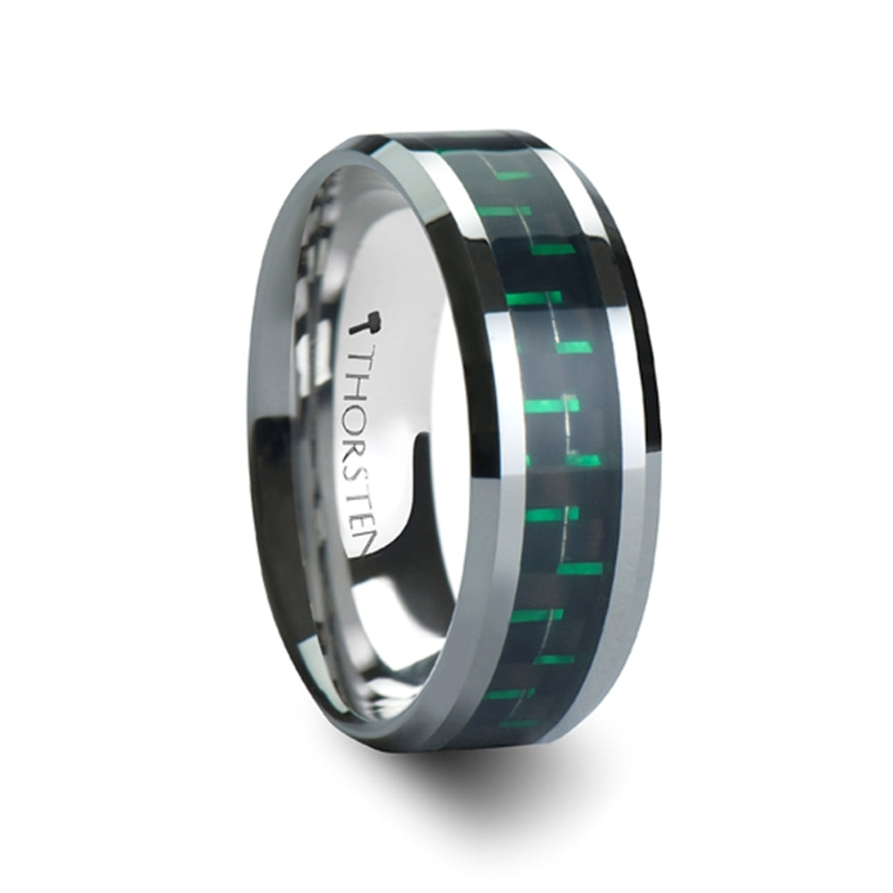 Mens Tungsten Carbide Wedding Ring - Black & Green Carbon Fiber Inlay Comfort Fit - 6mm 8mm 10mm Wide - Style name: ATRONIUS