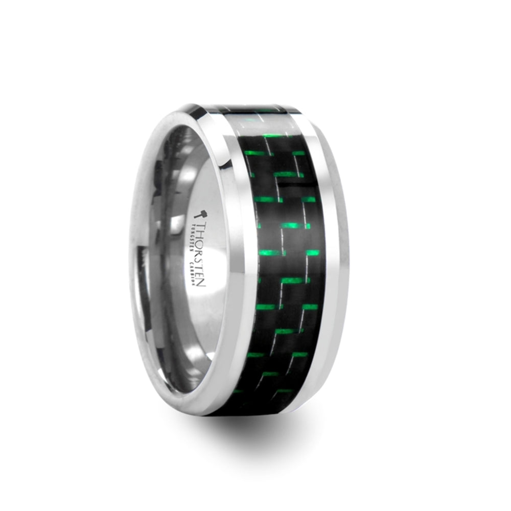 Mens Tungsten Carbide Wedding Ring - Black & Green Carbon Fiber Inlay Comfort Fit - 6mm 8mm 10mm Wide - Style name: ATRONIUS