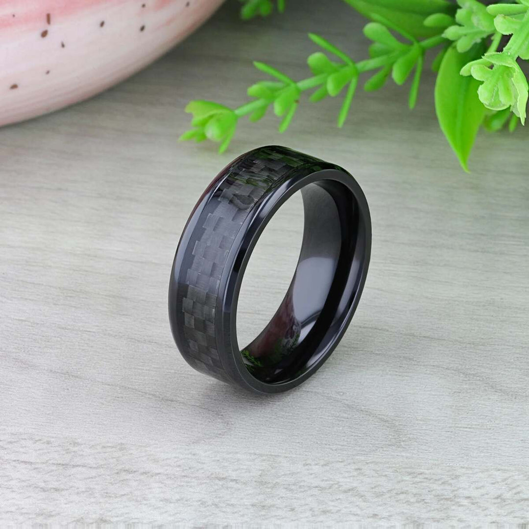 Mens Black Ceramic Black Carbon Fiber Inlaid Wedding Ring - Polished Comfort Fit - 4mm 6mm 7mm 8mm 10mm 12mm Wide - Style name: ONYX