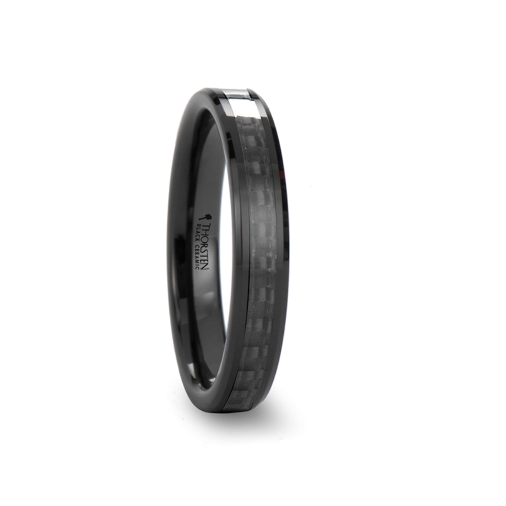 Mens Black Ceramic Black Carbon Fiber Inlaid Wedding Ring - Polished Comfort Fit - 4mm 6mm 7mm 8mm 10mm 12mm Wide - Style name: ONYX