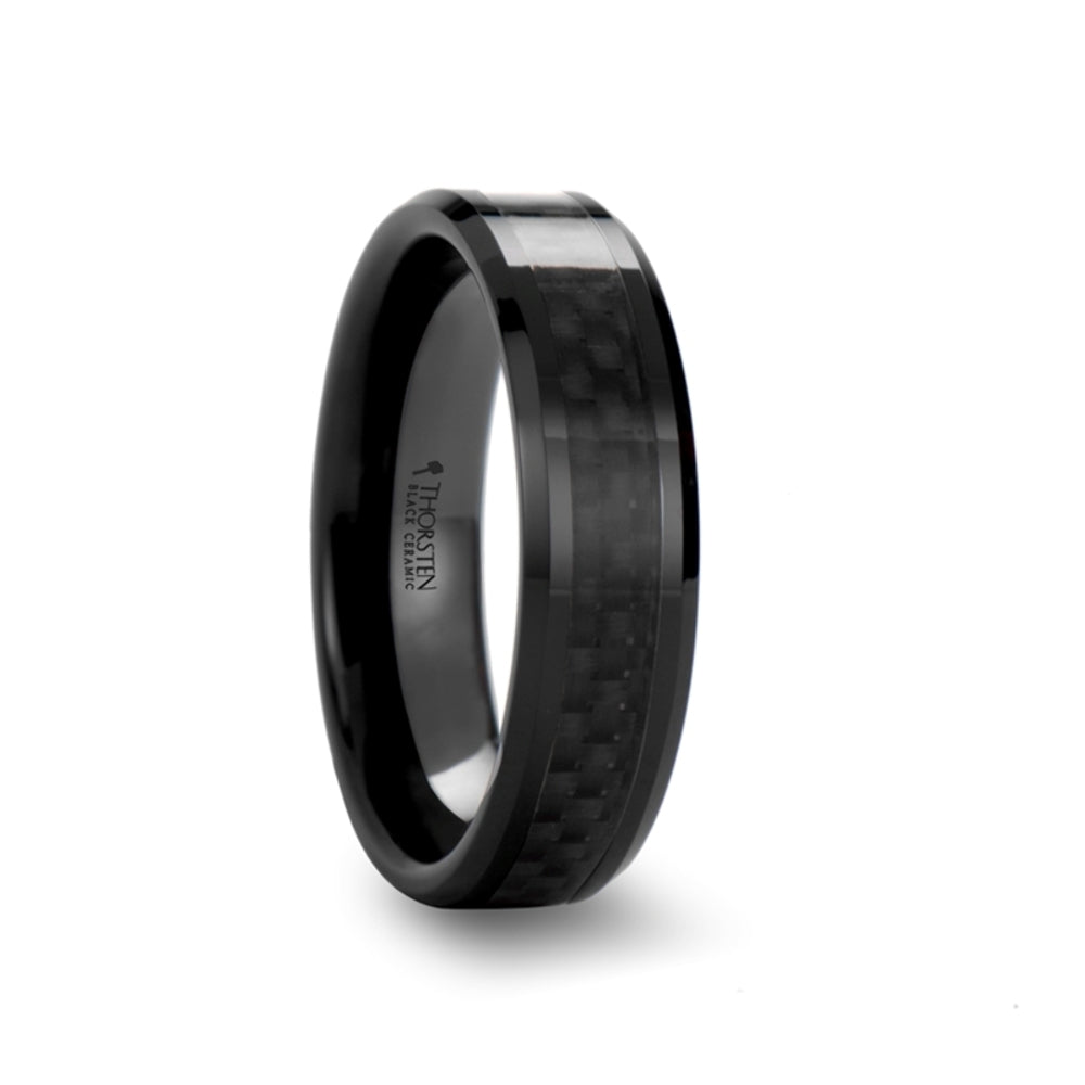 Mens Black Ceramic Black Carbon Fiber Inlaid Wedding Ring - Polished Comfort Fit - 4mm 6mm 7mm 8mm 10mm 12mm Wide - Style name: ONYX