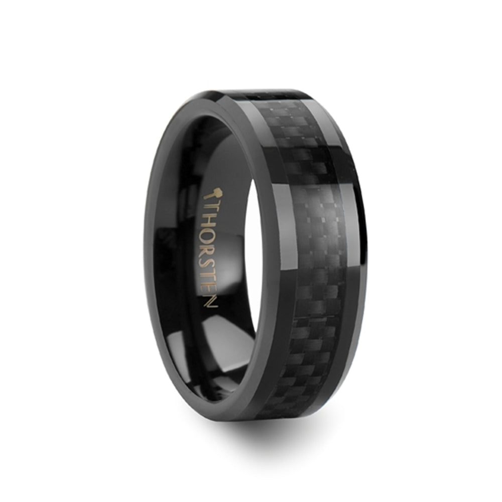 Mens Black Ceramic Black Carbon Fiber Inlaid Wedding Ring - Polished Comfort Fit - 4mm 6mm 7mm 8mm 10mm 12mm Wide - Style name: ONYX