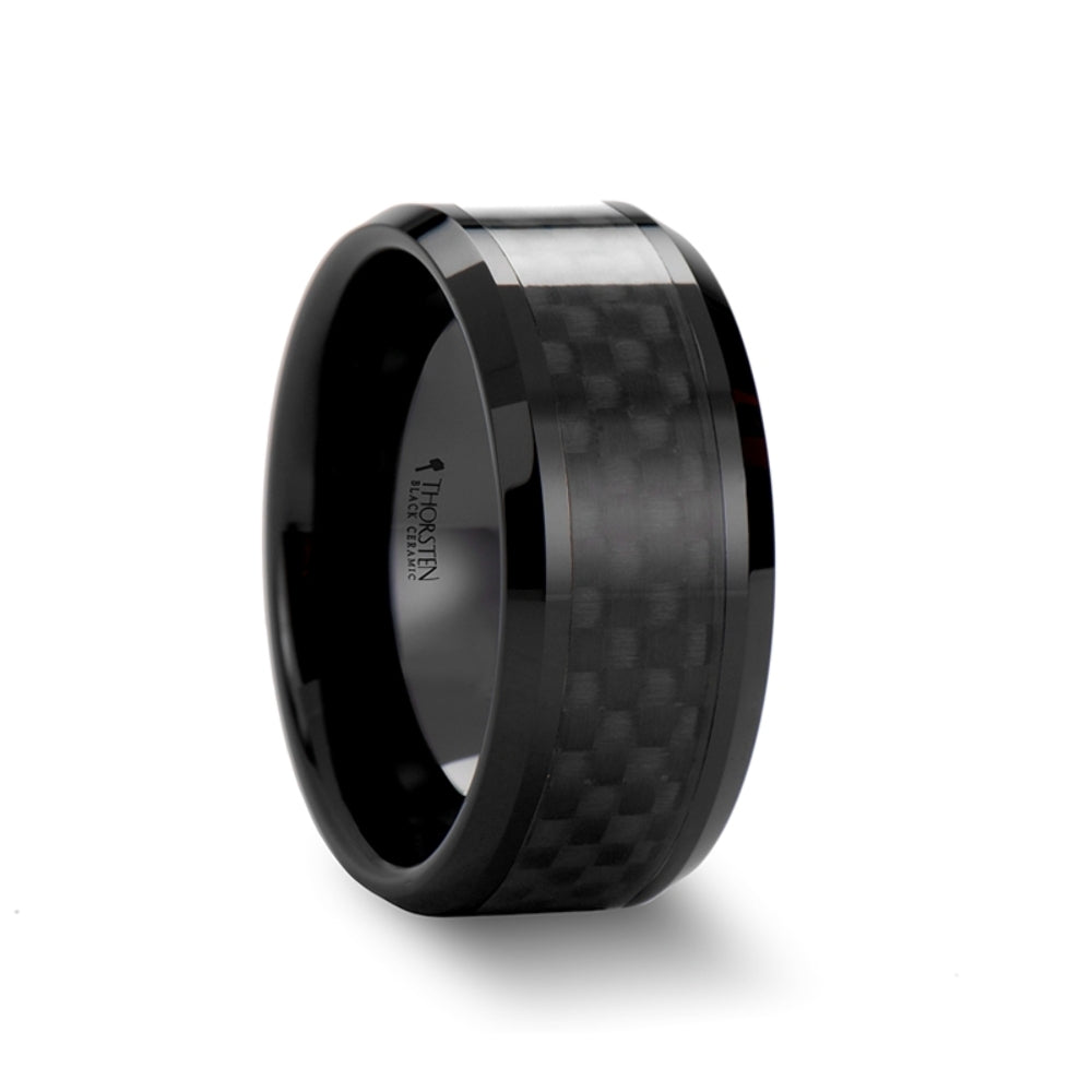 Mens Black Ceramic Black Carbon Fiber Inlaid Wedding Ring - Polished Comfort Fit - 4mm 6mm 7mm 8mm 10mm 12mm Wide - Style name: ONYX