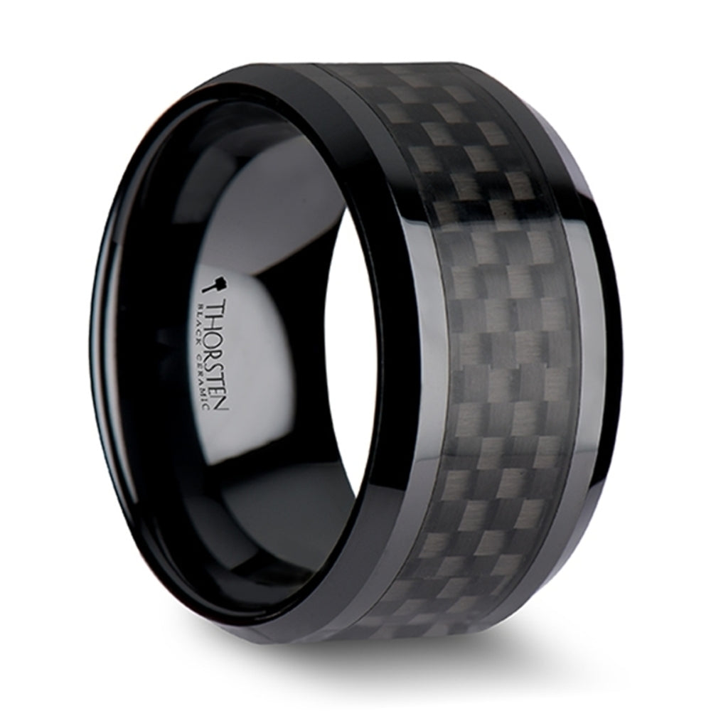 Mens Black Ceramic Black Carbon Fiber Inlaid Wedding Ring - Polished Comfort Fit - 4mm 6mm 7mm 8mm 10mm 12mm Wide - Style name: ONYX