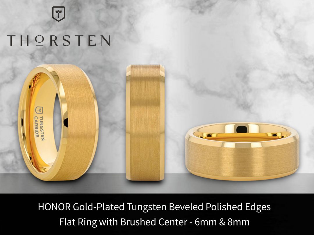 Mens Tungsten Gold Plated Brushed Center Wedding Ring - Beveled Polished Edge Comfort Fit - 6mm 8mm Wide - Style name: HONOR