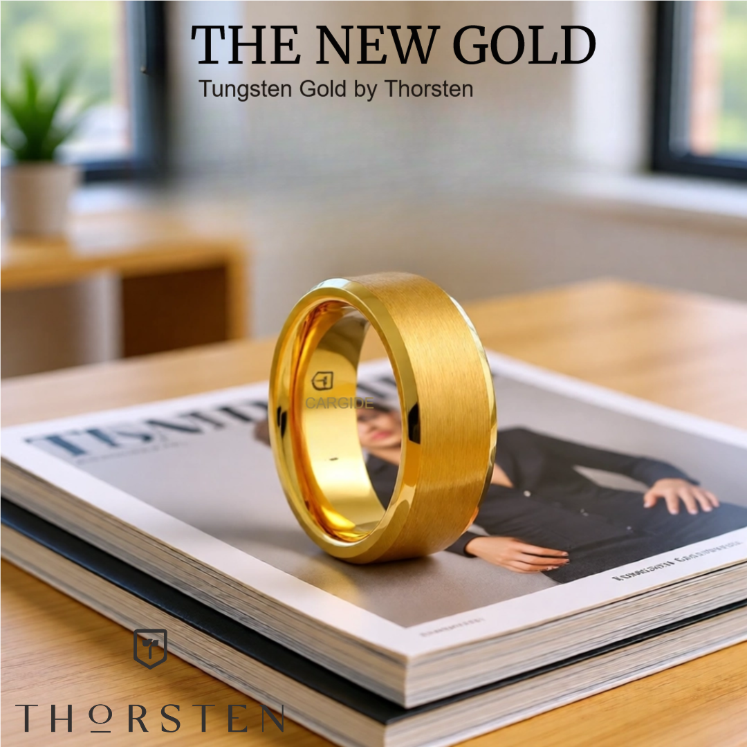 Mens Tungsten Gold Plated Brushed Center Wedding Ring - Beveled Polished Edge Comfort Fit - 6mm 8mm Wide - Style name: HONOR
