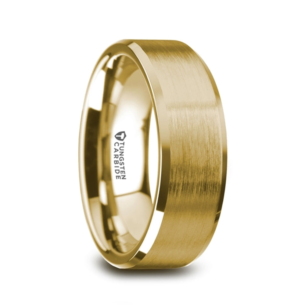 Mens Tungsten Gold Plated Brushed Center Wedding Ring - Beveled Polished Edge Comfort Fit - 6mm 8mm Wide - Style name: HONOR
