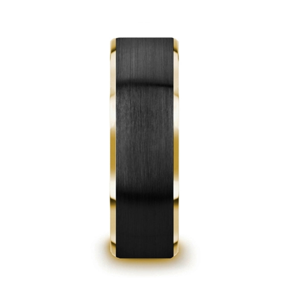 Mens Tungsten Gold Plated Brushed Black Center Wedding Ring - Polished Beveled Comfort Fit - 6mm 8mm Wide - Style name: GASTON