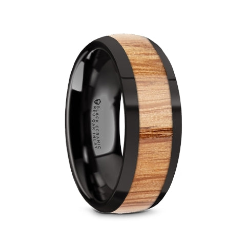 Mens Black Ceramic Red Oak Wood Inlay Domed Wedding Ring - Polished Edges Comfort Fit - 8mm Wide - Style name: AMBROSE