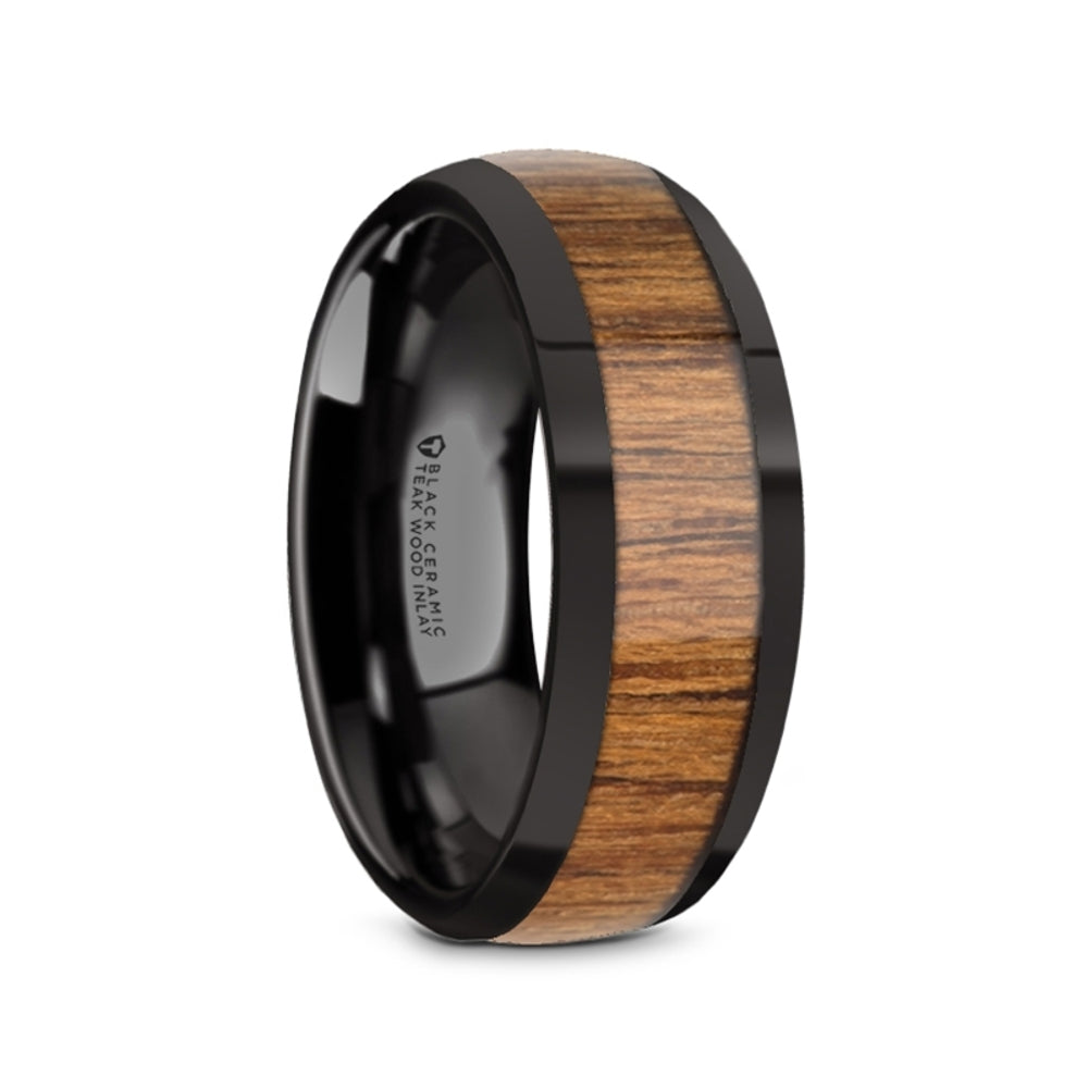 Mens Black Ceramic Teak Wood Inlay Wedding Ring - Polished Domed Comfort Fit - 8mm Wide - Style name: TULIAN