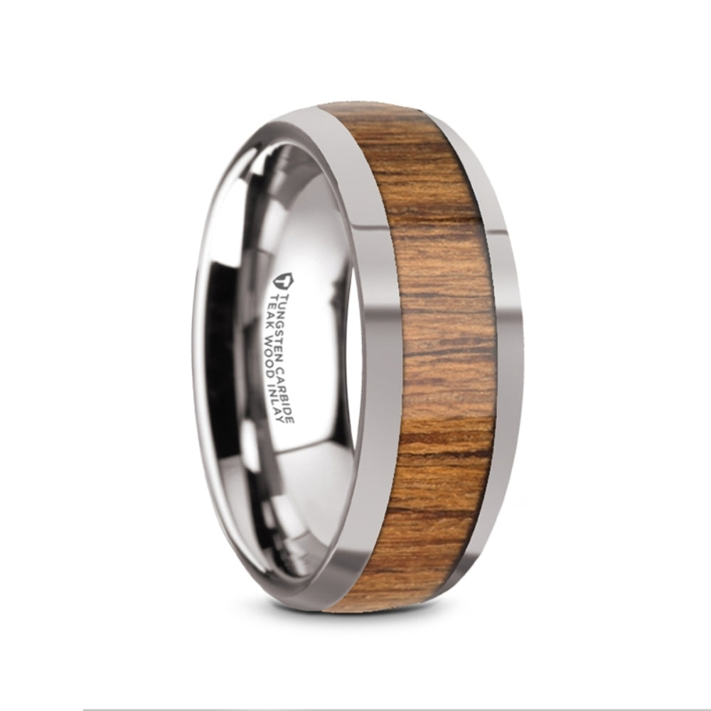 Mens Tungsten Teak Wood Inlaid Wedding Ring - Polished Domed Comfort Fit - 8mm Wide - Style name: THEKKA