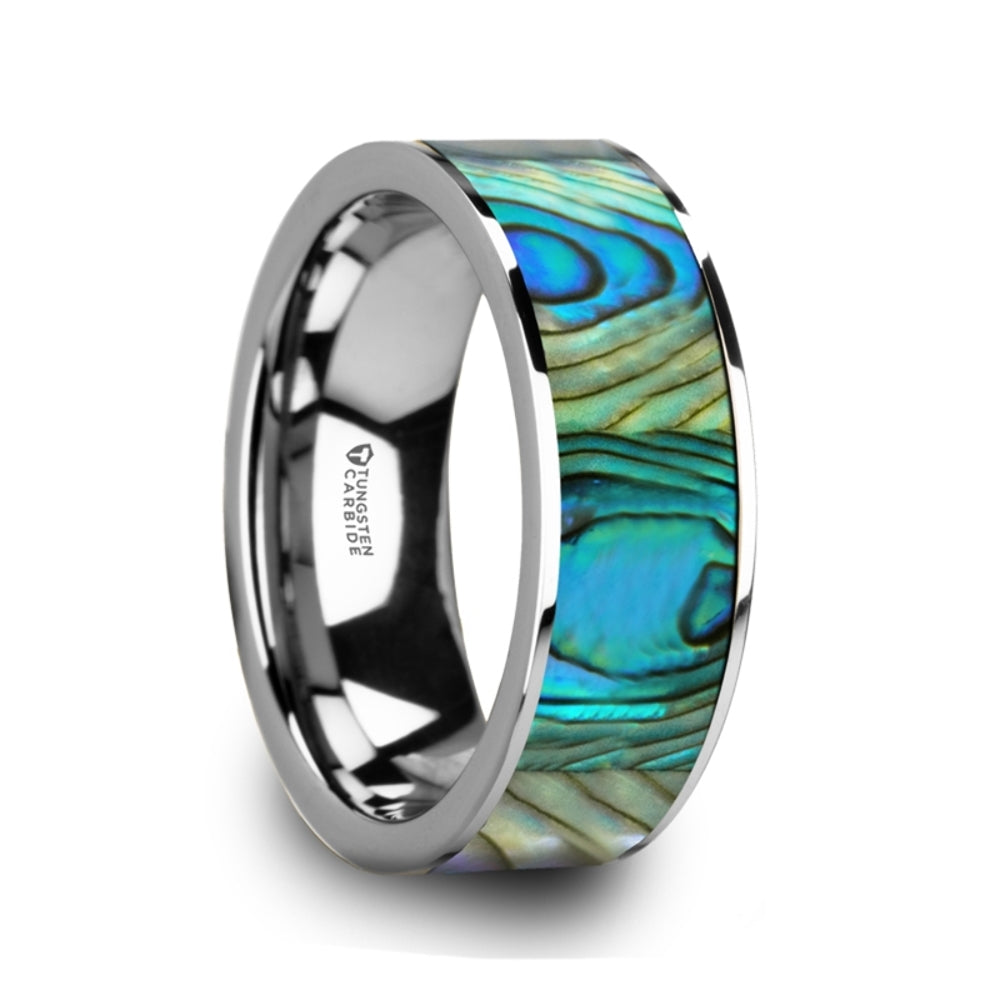 Mens Flat Tungsten Mother Of Pearl Inlay Wedding Ring - Polished Finish Comfort Fit - 8mm Wide - Style name: LAURANT