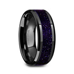 Load image into Gallery viewer, Mens Black Ceramic Purple Goldstone Inlay Wedding Ring - Beveled Polished Comfort Fit - 8mm Wide - Style name: MELO
