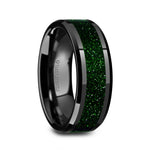 Load image into Gallery viewer, Mens Black Ceramic Green Goldstone Inlay Wedding Ring - Beveled Polished Comfort Fit - 8mm Wide - Style name: GIOVANNI

