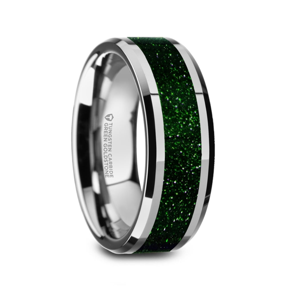 Mens Tungsten Green Goldstone Inlay Wedding Ring - Polished Beveled Comfort Fit - 8mm Wide - Style name: PATRICK