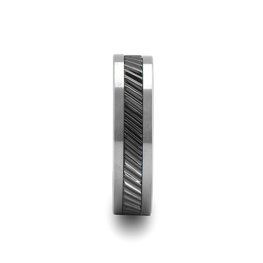 Mens Tungsten Carbide Black Ceramic Gear Teeth Pattern Wedding Ring - Satin Finished Comfort Fit - 6mm 8mm 10mm Wide - Style name: HELIX