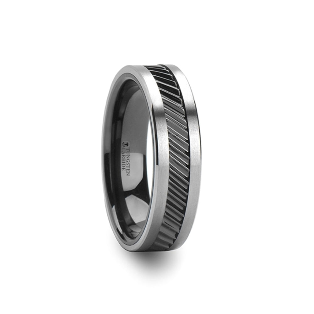 Mens Tungsten Carbide Black Ceramic Gear Teeth Pattern Wedding Ring - Satin Finished Comfort Fit - 6mm 8mm 10mm Wide - Style name: HELIX