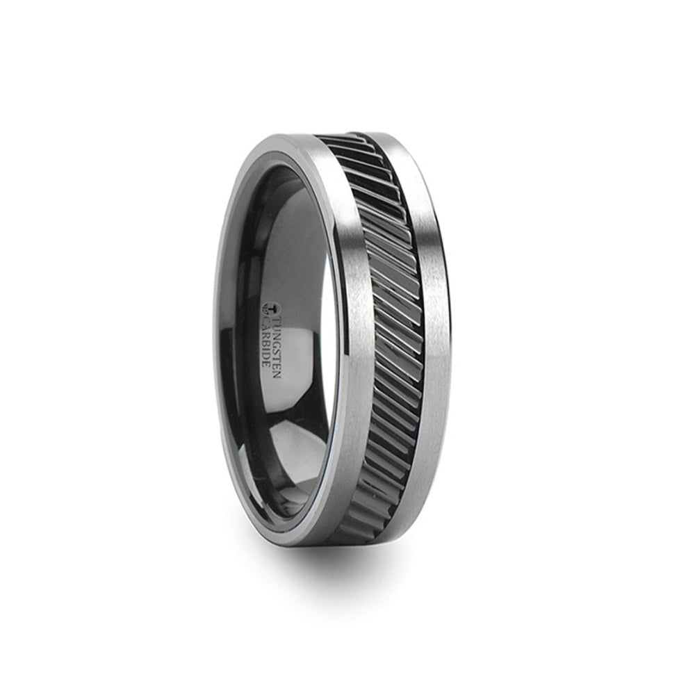 Mens Tungsten Carbide Black Ceramic Gear Teeth Pattern Wedding Ring - Satin Finished Comfort Fit - 6mm 8mm 10mm Wide - Style name: HELIX