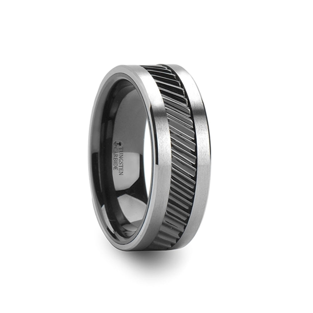 Mens Tungsten Carbide Black Ceramic Gear Teeth Pattern Wedding Ring - Satin Finished Comfort Fit - 6mm 8mm 10mm Wide - Style name: HELIX