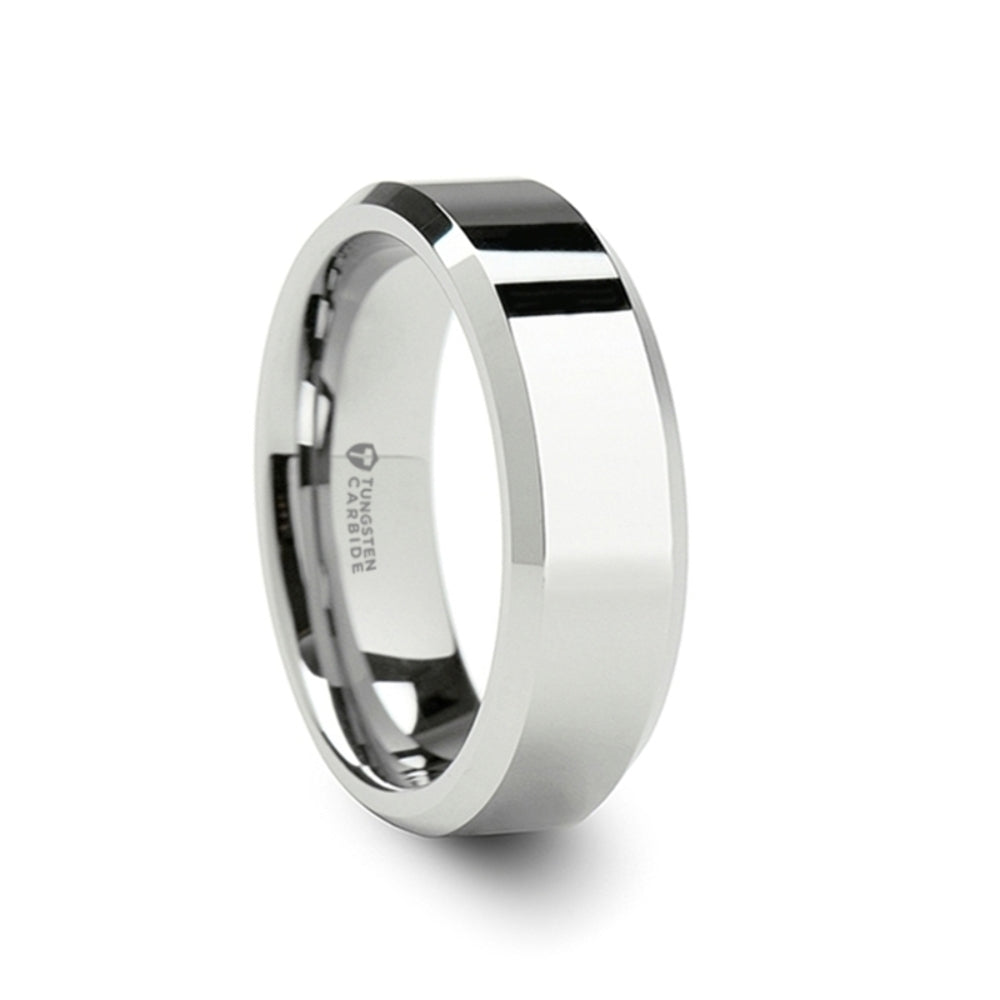 Mens Tungsten Carbide White Wedding Ring - Beveled Comfort Fit - 4mm 6mm 7mm 8mm 10mm 12mm Wide - Style name: LINCOLN
