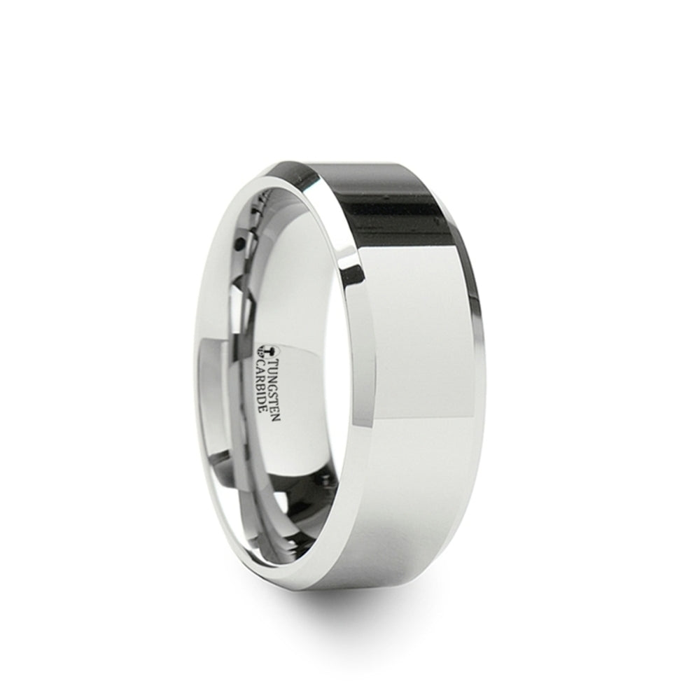 Mens Tungsten Carbide White Wedding Ring - Beveled Comfort Fit - 4mm 6mm 7mm 8mm 10mm 12mm Wide - Style name: LINCOLN