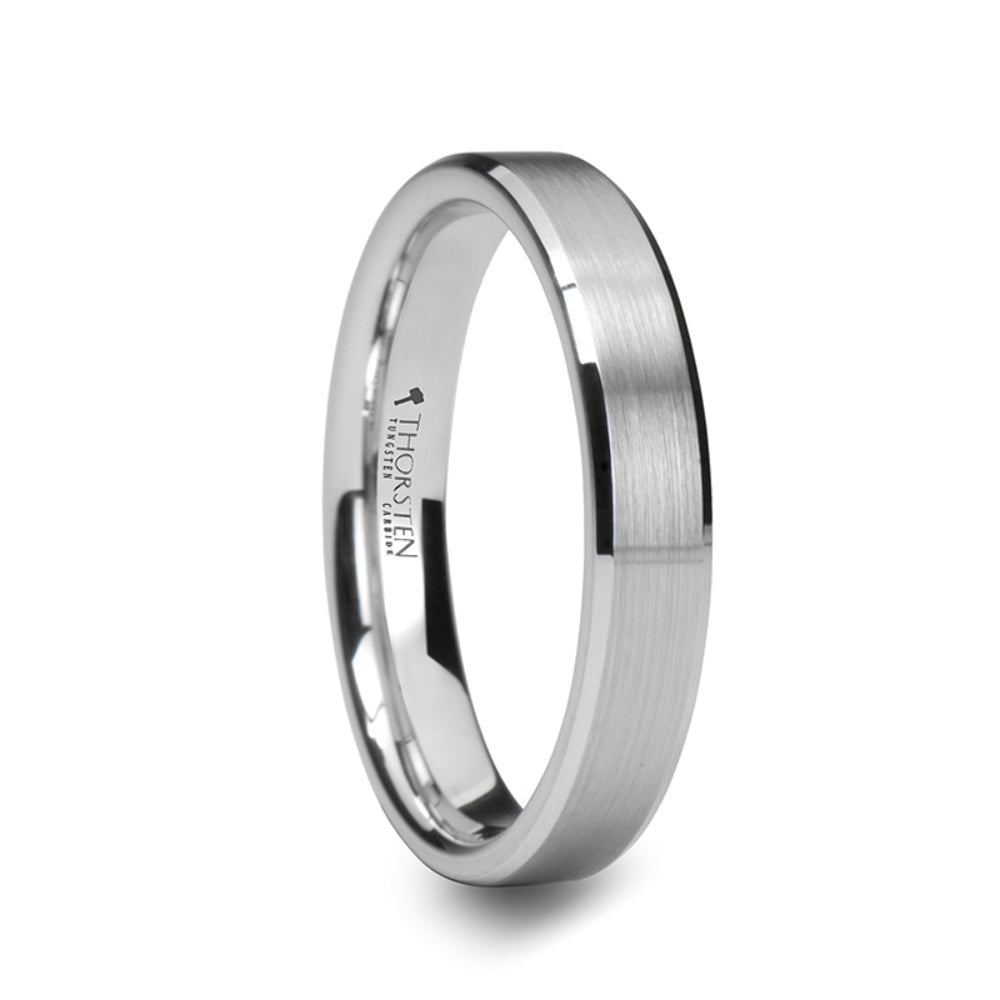 Mens White Tungsten Carbide Brushed Center Wedding Ring - Beveled Edged Comfort Fit - 4mm Wide - Style name: PETERSBURG - Ring Size 4