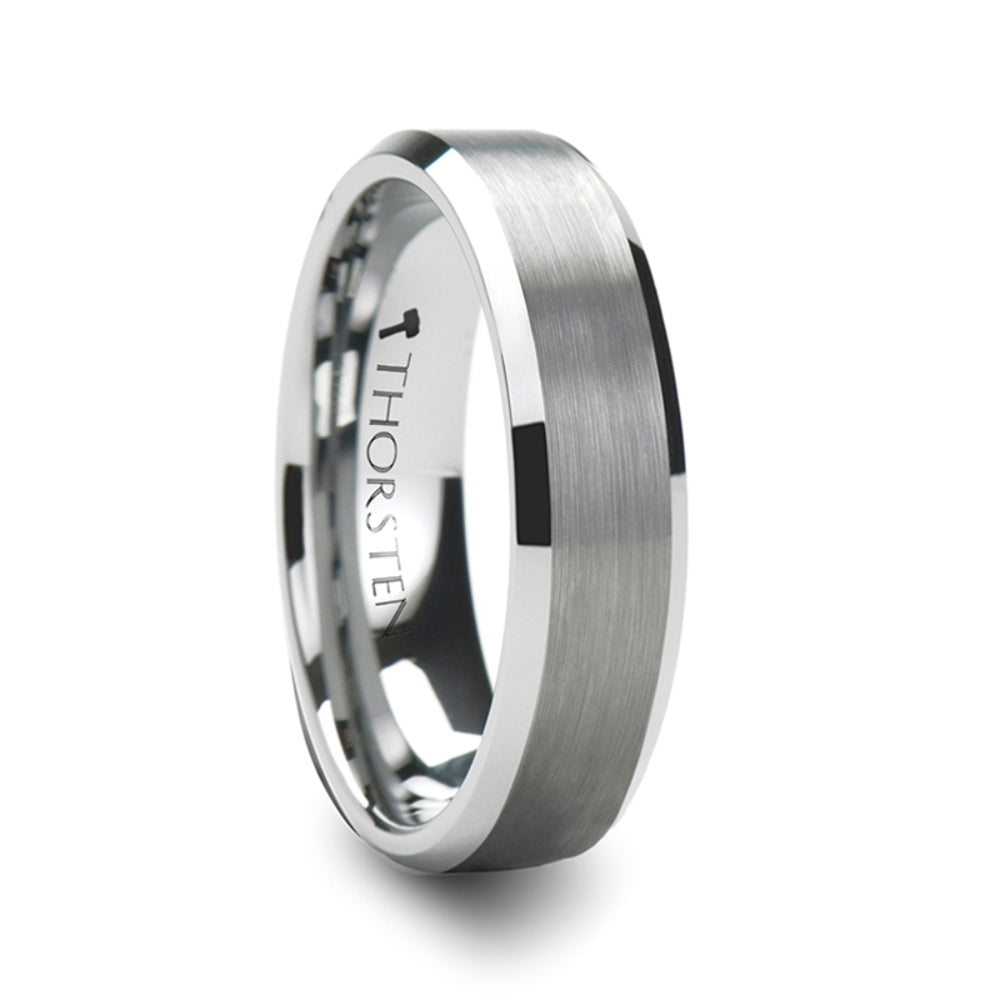 Mens White Tungsten Carbide Brushed Center Wedding Ring - Beveled Edged Comfort Fit - 4mm Wide - Style name: PETERSBURG - Ring Size 4