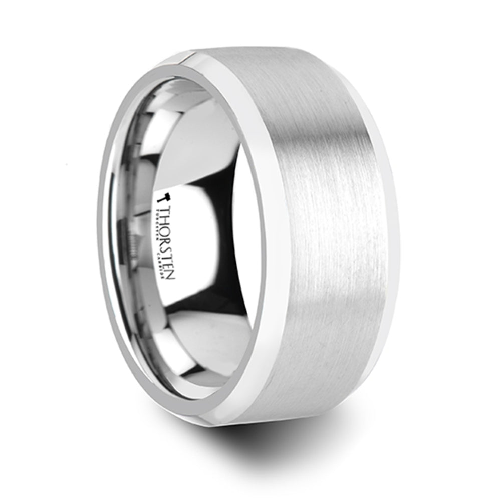 Mens White Tungsten Carbide Brushed Center Wedding Ring - Beveled Edged Comfort Fit - 4mm Wide - Style name: PETERSBURG - Ring Size 4