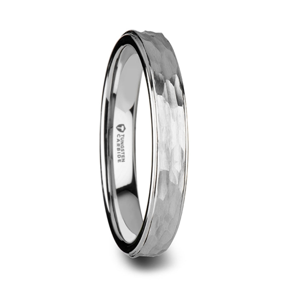 Mens Tungsten Hammered Finish White Wedding Ring - Polished Step Edges Comfort Fit - 4mm 6mm 8mm 10mm Wide - Style name: WINSTON