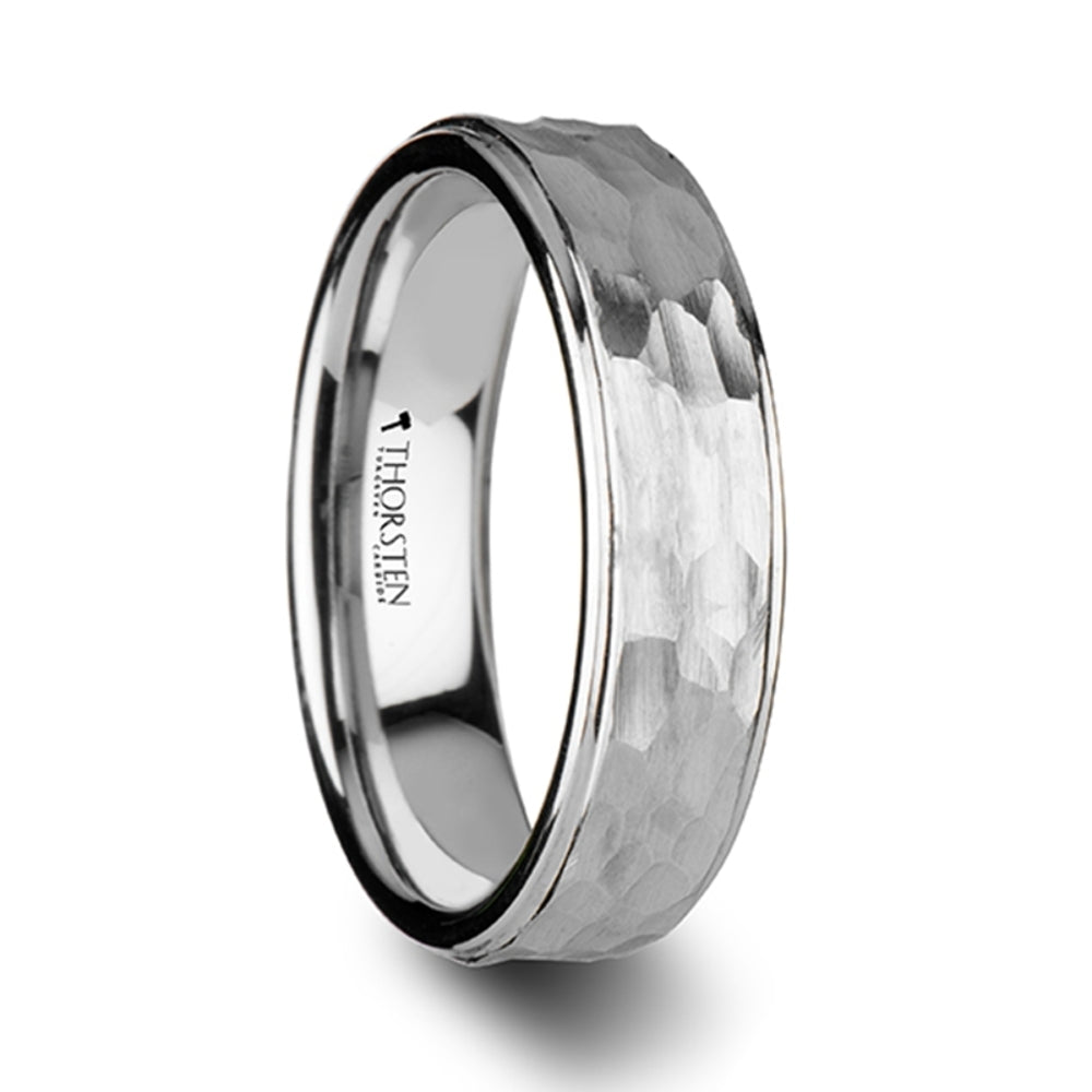 Mens Tungsten Hammered Finish White Wedding Ring - Polished Step Edges Comfort Fit - 4mm 6mm 8mm 10mm Wide - Style name: WINSTON