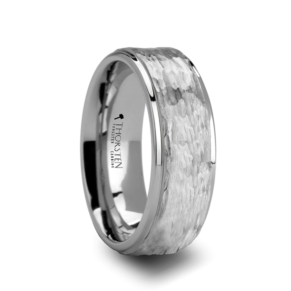 Mens Tungsten Hammered Finish White Wedding Ring - Polished Step Edges Comfort Fit - 4mm 6mm 8mm 10mm Wide - Style name: WINSTON