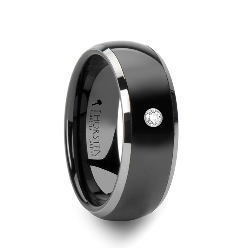 Mens Tungsten Edges Black Ceramic White Diamond Wedding Ring - Domed Comfort Fit - 8mm Wide - Style name: GLENDALE