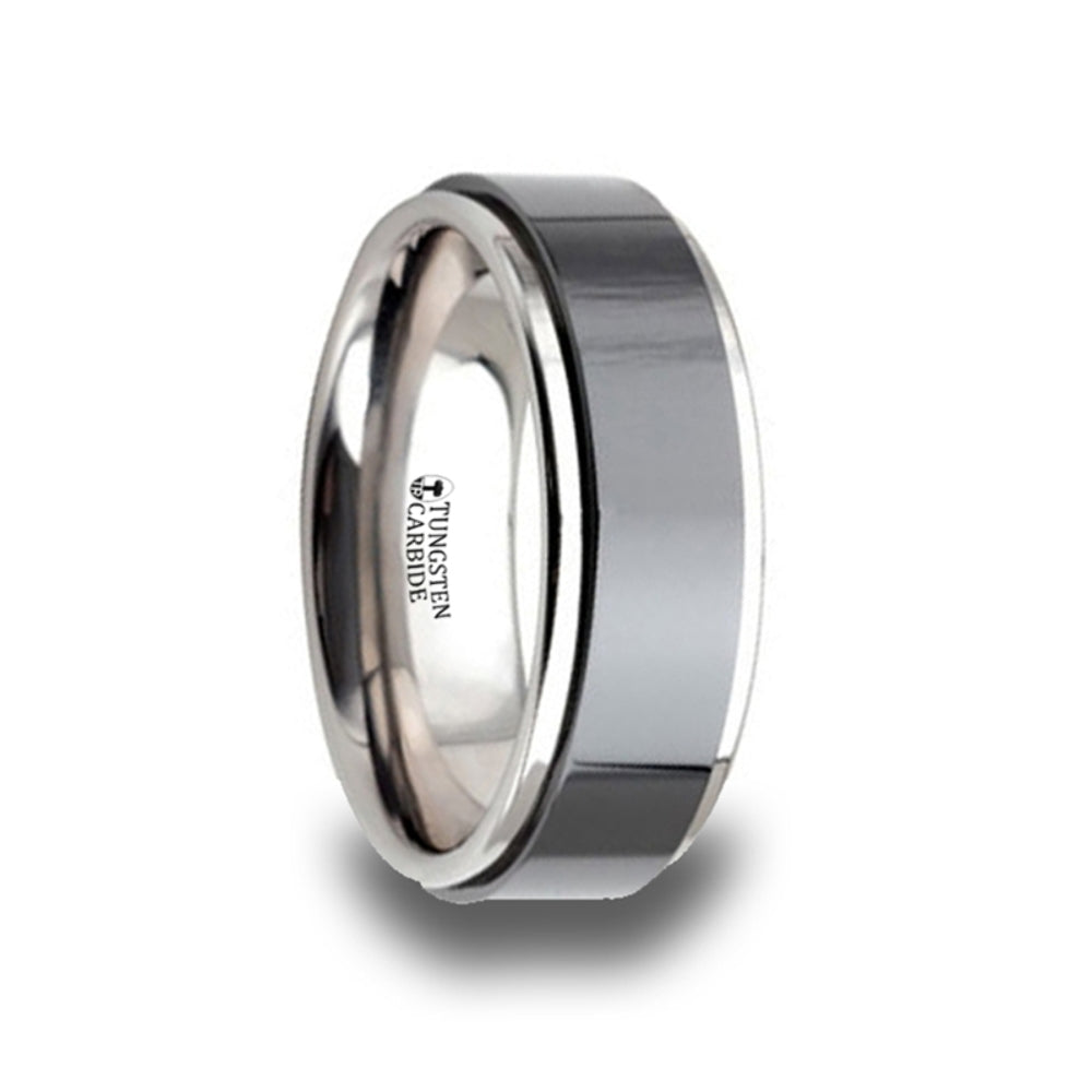 Mens Tungsten Carbide Raised Black Ceramic Center Wedding Ring - Brushed Comfort Fit - 8mm Wide - Style name: OAKLAND