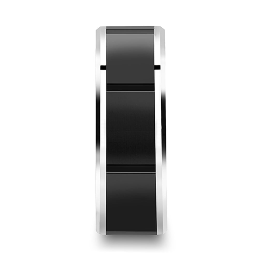 Mens Tungsten Carbide Grooved Black Ceramic Center Wedding Ring - Polished Beveled Edges Comfort Fit - 8mm Wide - Style name: ROCHESTER