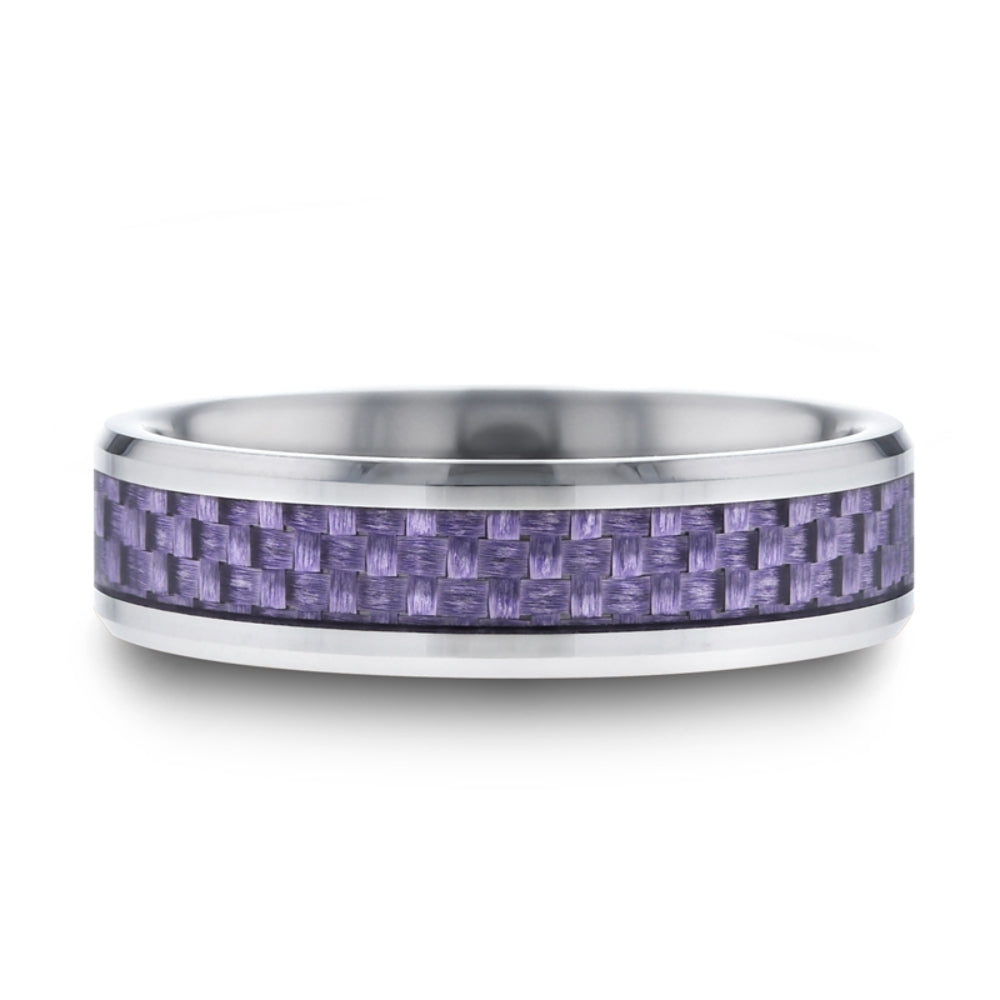 Mens Comfort Fit -Beveled Tungsten Carbide Wedding Ring - Purple Carbon Fiber Inlay - 4mm 6mm Wide - Style name: IRIS - Lifetime Warranty