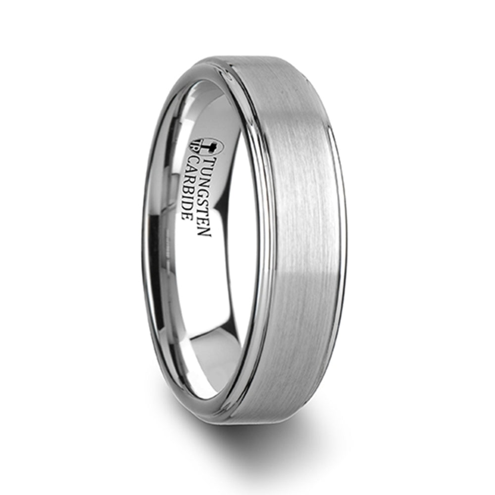 Mens Tungsten Carbide Raised Brush Finished Center White Wedding Ring - Polished Comfort Fit - 6mm 8mm Wide - Style name: ORLOFF