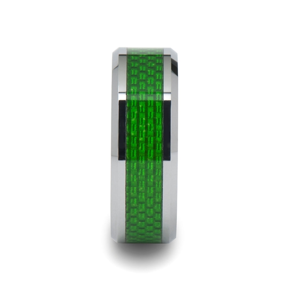 Mens Tungsten Carbide Emerald Green Carbon Fiber Inlay Wedding Ring - Flat Comfort Fit - 8mm Wide - Style name: VERMONT