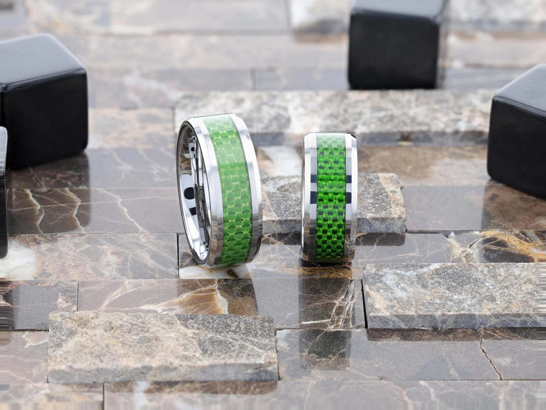 Mens Tungsten Carbide Emerald Green Carbon Fiber Inlay Wedding Ring - Flat Comfort Fit - 8mm Wide - Style name: VERMONT