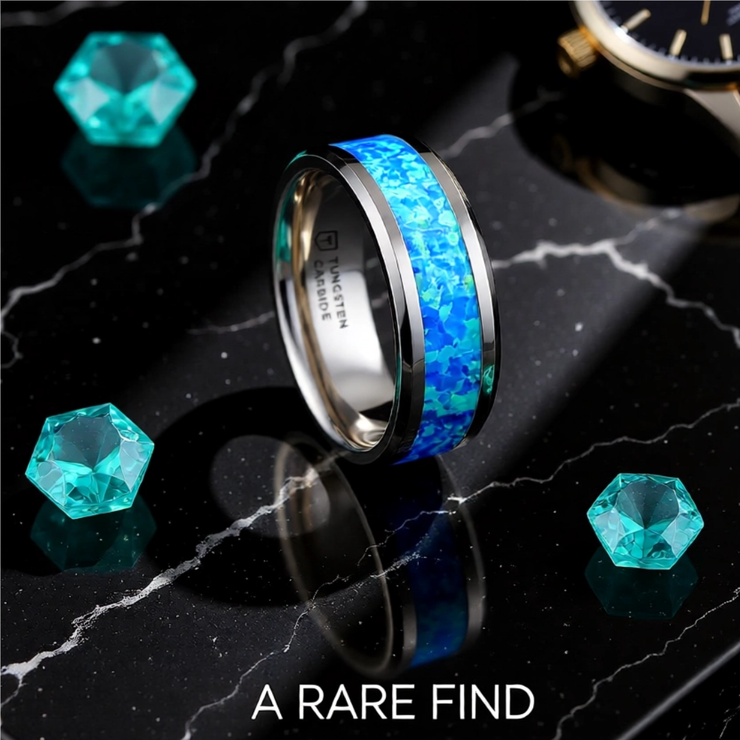 Mens Tungsten Blue Green Opal Inlay Wedding Ring - Polished Comfort Fit - 4mm 6mm 8mm 10mm Wide - Style name: QUASAR