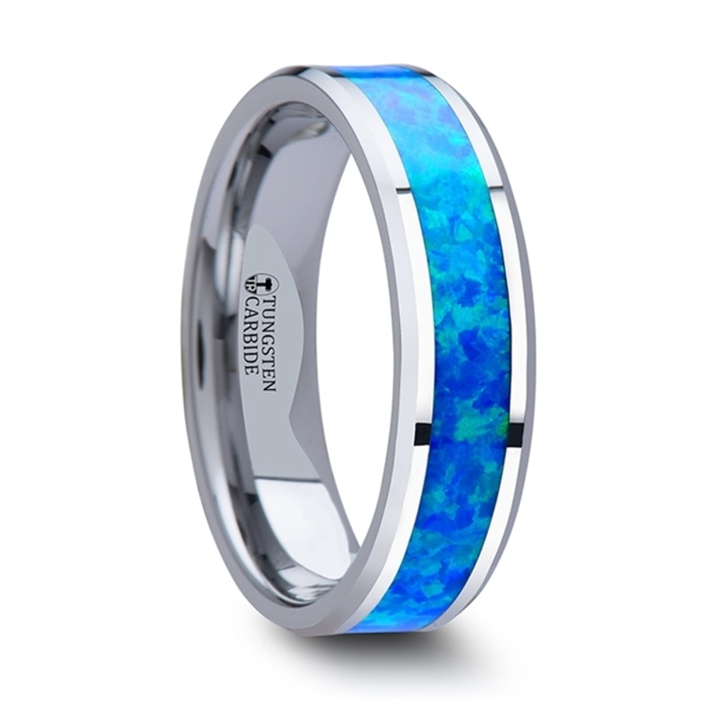 Mens Tungsten Blue Green Opal Inlay Wedding Ring - Polished Comfort Fit - 4mm 6mm 8mm 10mm Wide - Style name: QUASAR