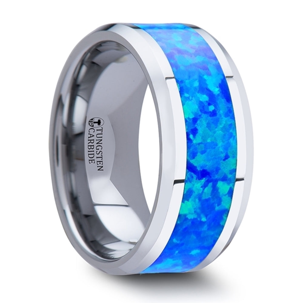 Mens Tungsten Blue Green Opal Inlay Wedding Ring - Polished Comfort Fit - 4mm 6mm 8mm 10mm Wide - Style name: QUASAR