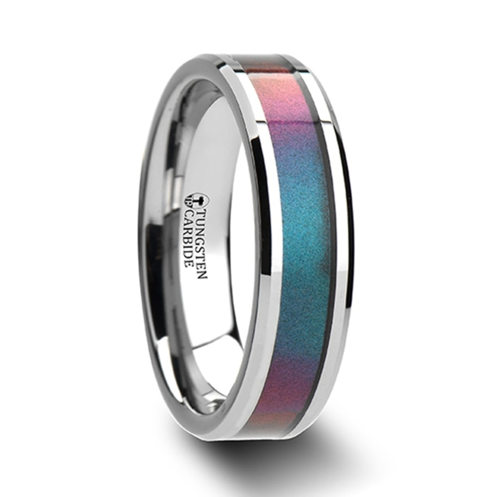 Mens Tungsten Carbide Blue/Purple Color Changing Inlay Wedding Ring - Flat Brushed Comfort Fit - 4mm 6mm 8mm 10mm Wide - Style name: STINGRAY