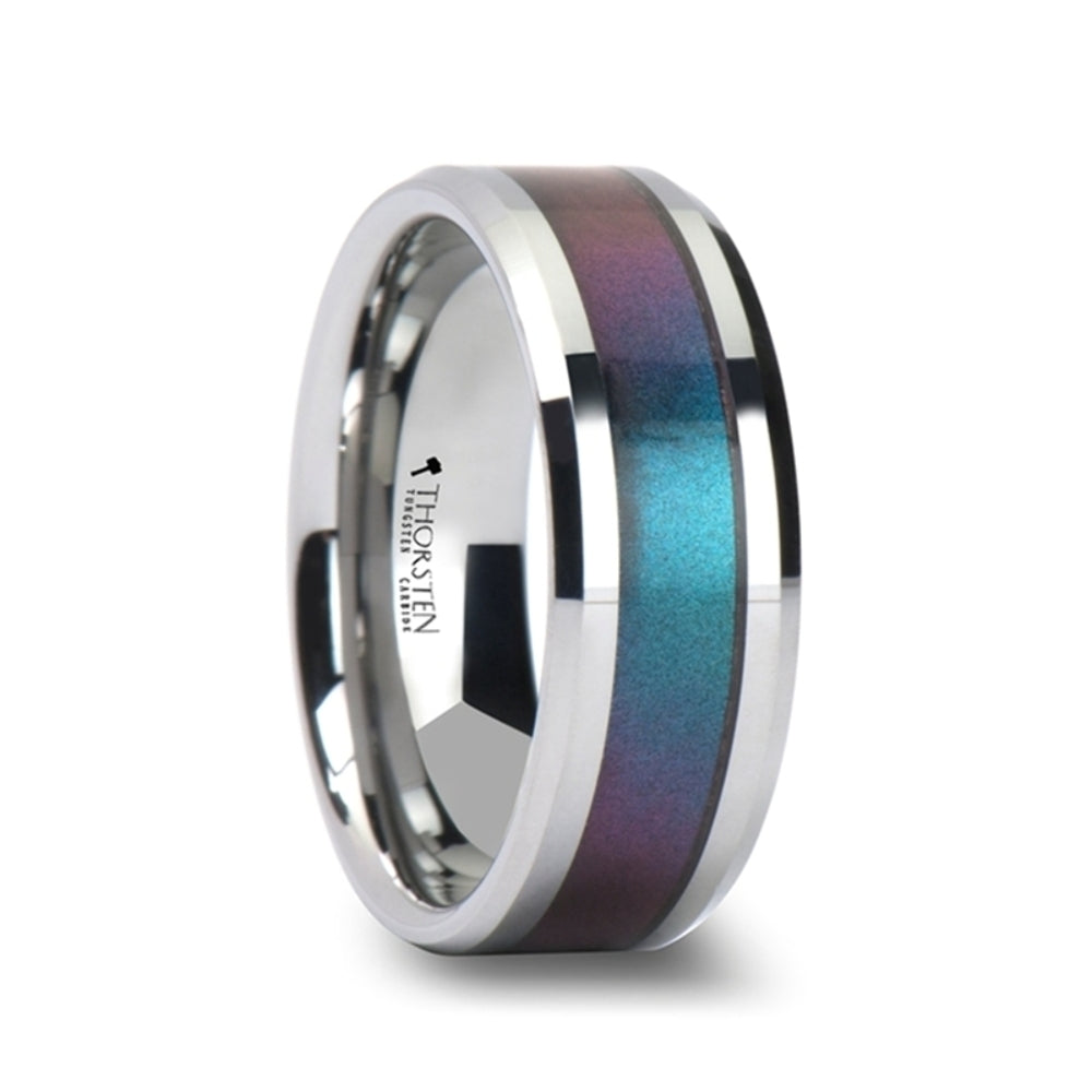Mens Tungsten Carbide Blue/Purple Color Changing Inlay Wedding Ring - Flat Brushed Comfort Fit - 4mm 6mm 8mm 10mm Wide - Style name: STINGRAY
