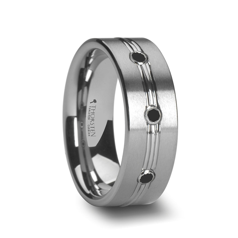 Mens Tungsten Polished Grooved Center Triple Black Diamonds Wedding Ring - Satin Finished Comfort Fit - 8mm Wide - Style name: ROYALE