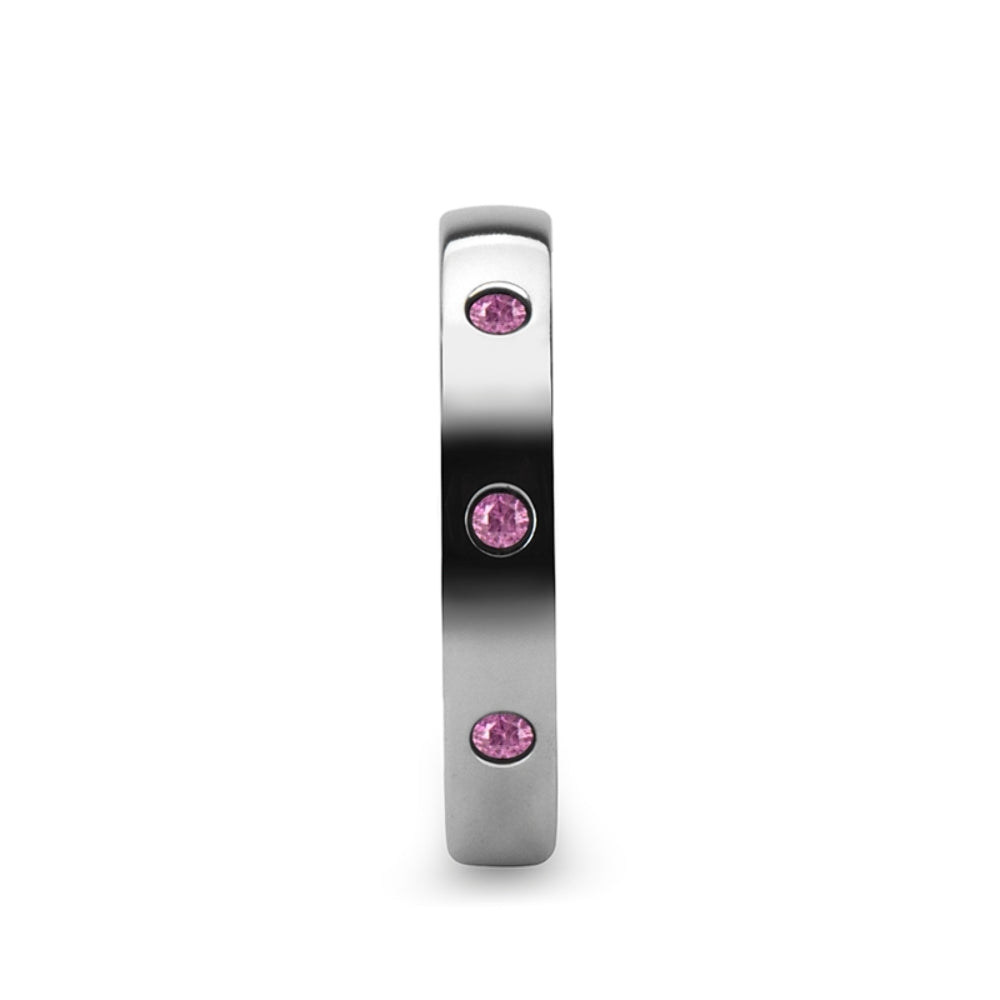 Mens Tungsten White 3 Pink Sapphires Wedding Ring - Domed Comfort Fit - 4mm Wide - Style name: DIANA