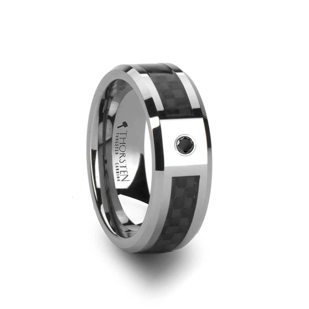 Mens Tungsten Carbide Black Carbon Fiber Black Diamond Wedding Ring - Polished Beveled Comfort Fit - 8mm Wide - Style name: BENTLEY