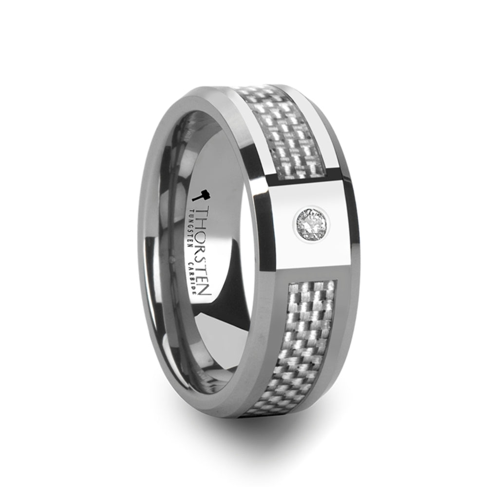 Mens Tungsten Carbide White Carbon Fiber White Diamond Wedding Ring - Polished Beveled Comfort Fit - 8mm Wide - Style name: ROYCE