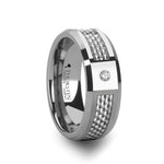 Load image into Gallery viewer, Mens Tungsten Carbide White Carbon Fiber White Diamond Wedding Ring - Polished Beveled Comfort Fit - 8mm Wide - Style name: ROYCE
