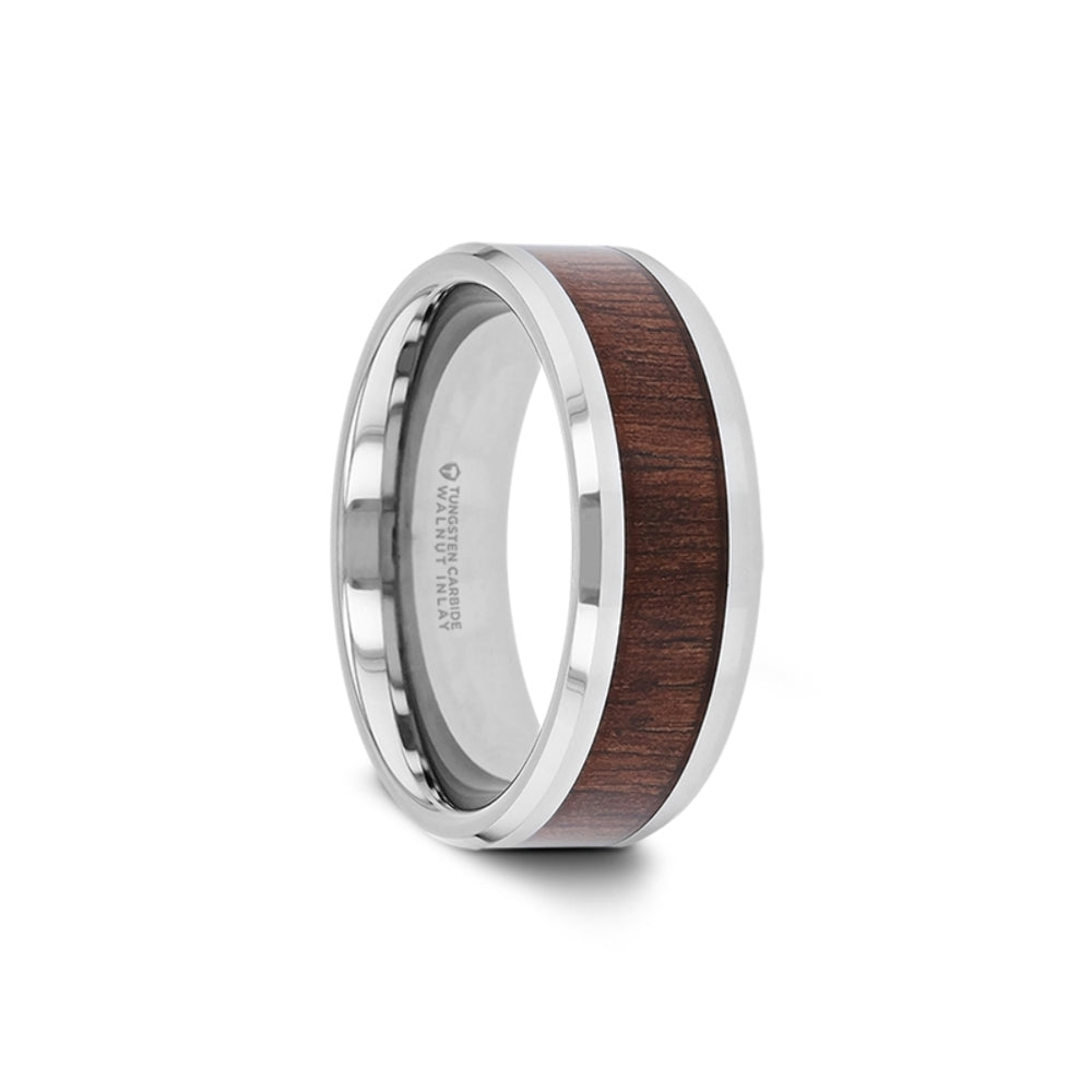 Mens Tungsten Carbide Black Walnut Wood Inlay Wedding Ring - Beveled Comfort Fit - 4mm 6mm 7mm 8mm 10mm 12mm Wide - Style name: HALIFAX