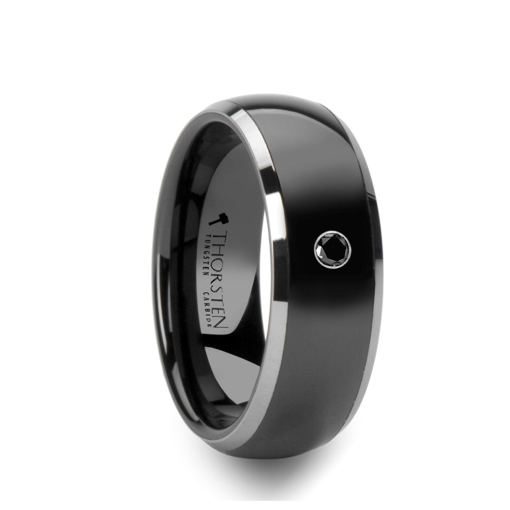 Mens Tungsten Edges Black Ceramic Black Diamond Wedding Ring - Domed Comfort Fit - 8mm Wide - Style name: GOTHAM
